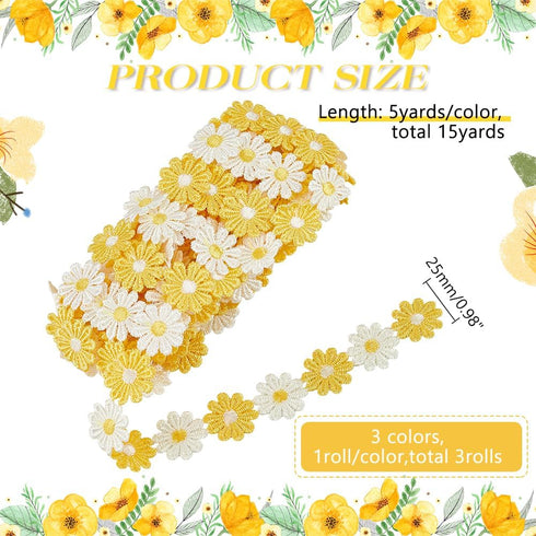 FINGERINSPIRE 15 Yards Daisy Flower Lace Trim Yellow/Deep Pink/Pink Daisy Ribbon Sun Flower Decorating Lace Trim Flower Embroidered Trim Ribbons D...