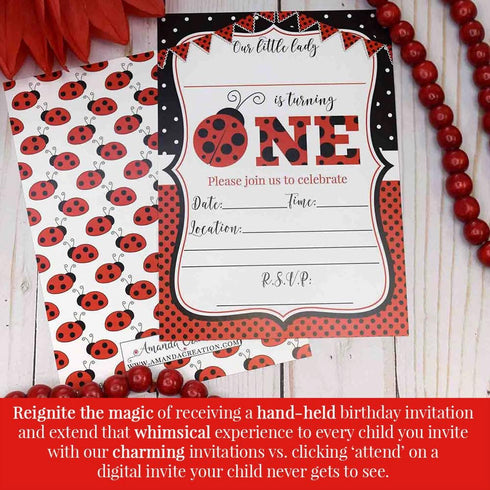 Red Ladybug First Birthday Party Invitations for Girls, 20 5x7 Fill In Cards with Twenty White Envelopes by AmandaCreation...