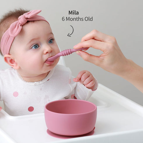 Baby Bowl and Spoon Set with Suction and Lid, Silicone Baby Food Bowl, First Stage Baby Feeding Set, Self Feeding Essentials for 6+ Months (Rose)...