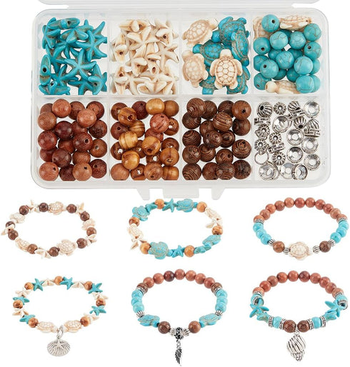 SUNNYCLUE 1 Box 6 Sets Ocean Bracelet Making Kit Sea Turtle Beads Turtle Charm Starfish Charms Wood Beads Summer Ocean Beads Sea Animal Beads Blue...