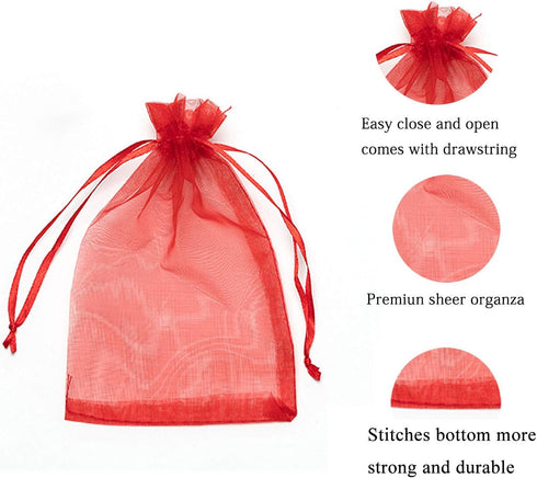 50 Pc 5x7 inch Gift Wrap Bags Red,Organza Sheer Fabric,Drawstring Glossy Pastel Treat Bags for Baby Shower Favor,House Party Favors,Bridal Shower ...