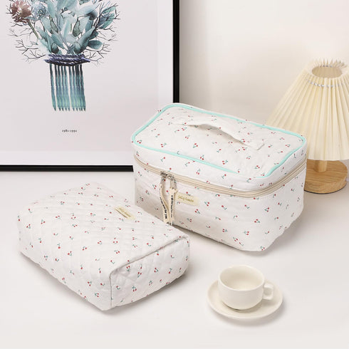 Cotton Makeup Bag, Quilted Cosmetic Bag with Handle Large Capacity Travel Toiletry Bag for Women Cute Aesthetic Floral Makeup Bag (White)...