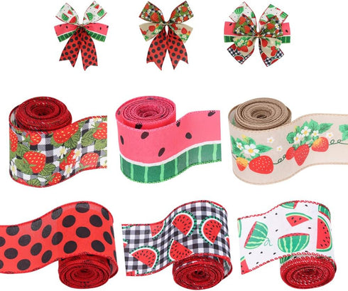 2.5" Watermelon and Strawberry Ribbon,Summer Craft Wire Edged Ribbon,Checks,Polka Dots,Watermelon Slices,Strawberries and Flowers Faux Linen Ribbo...