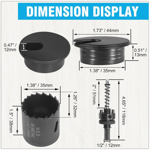 1-3/8" Black Desk Grommet with Bi-Metal Hole Saw, JTemgle Plastic Cable Hole Cover Computer Table Cord Wire Organizer Caps, Desktop Cord Managemen...