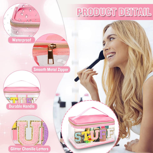 Chenille Letter Clear Makeup Bags Stuff Pouch, Preppy Patch Makeup Bag Zipper with Handle, Transparent PVC & Nylon Waterproof Glitter Cosmetic Han...