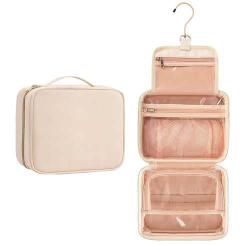 CUBETASTIC Travel Toiletry Bag, Portable Makeup Bag with Hanging Hook Waterproof Cosmetic Organizer Case 3 Compartment Leather Pouch for Toiletrie...