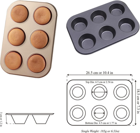Muffin Tins 6-Cups Nonstick Carbon Steel Standard Cupcake Pans, Set of 2...