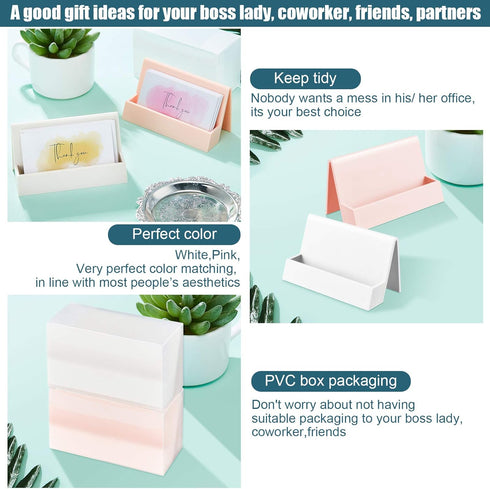 2 Pieces Business Card Holder for Desk Modern Plastic Name Card Case Display Stand Tabletop Business Card Rack for Women and Men (White, Pink)...