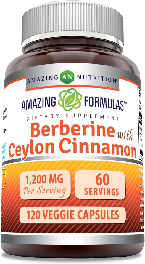 Amazing Formulas Berberine with Pure Ceylon Cinnamon 1200 Mg Per Serving | Premium Complex Supplement | Veggie Capsules | Non-GMO | Gluten Free | ...