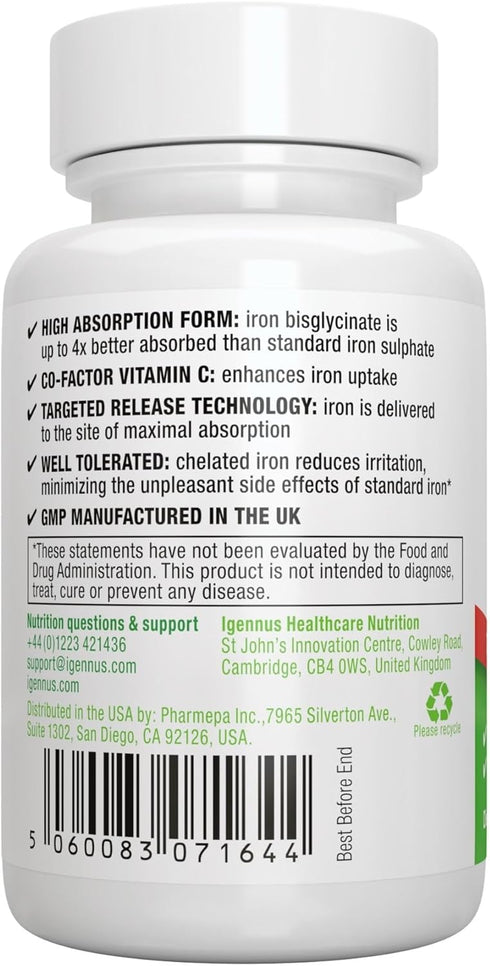 High Absorption Chelated Iron Bisglycinate 20mg with Vitamin C, Non Constipating Gentle Iron, 180 Tablets, Targeted Release, One Daily, Vegan, by ...
