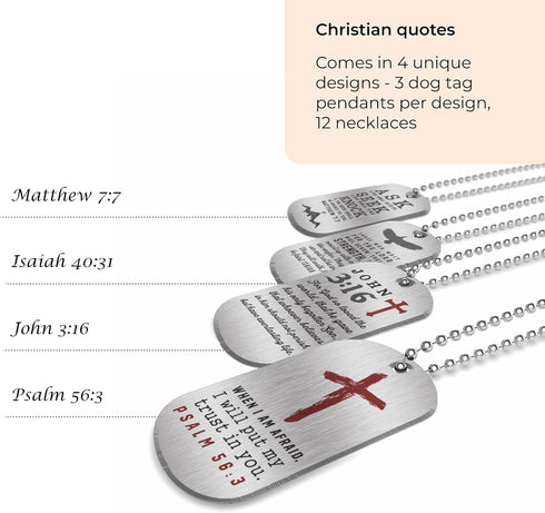 Inkstone Dogtag Necklaces | (4 Pack) | Bible Verses Psalm 56:3, Isaiah 40:31, and Matthew 7:7" | Wholesale Bulk Religious Party Favors and Christi...