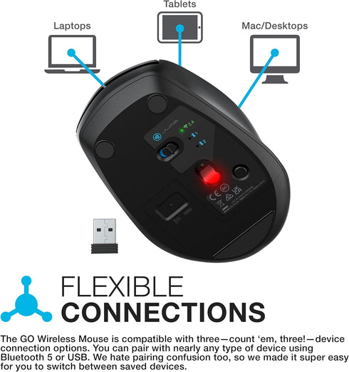 JLab GO Wireless Mouse, Black, Connect Via Bluetooth or USB Wireless Dongle, Multi-Device Toggle, Portable, Ultra-Compact and Lightweight for Work...