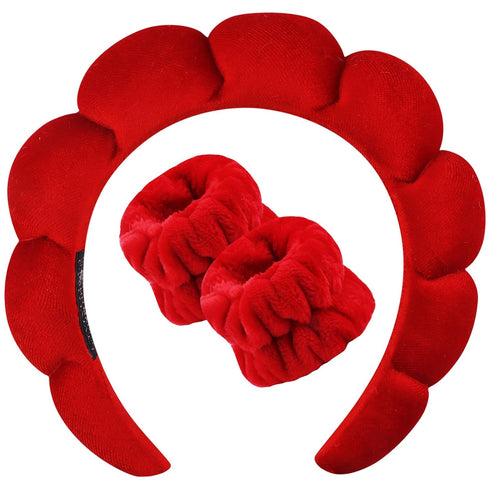 VELSCRUN 3 Pcs Spa Headband, Makeup Headband, Face Wash Headband, Skincare Headbands, Red Velvet Puffy Sponge Hair Band Bow Tie Bubble Spa Headban...