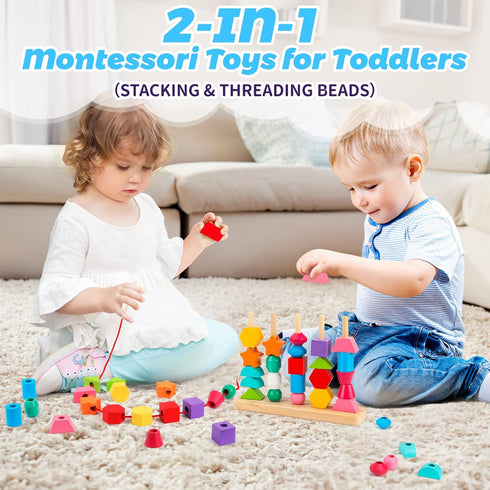 Montessori Wooden Beads Sequencing Toy Set, Stacking Blocks & Lacing Beads & Matching Shape Stacker for 2 3 4 5 Year Old STEM Preschool Learning M...