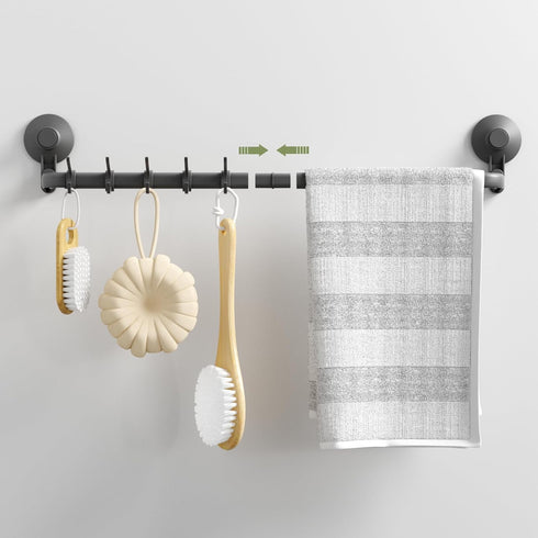 LUXEAR Towel Bar, 24 Inch Adhesive Bathroom Towel Bar with Upgrade Suction Cup, Tool Free Adhesive Shower Towel Rack with 5 Sliding Hooks, Wall Mo...