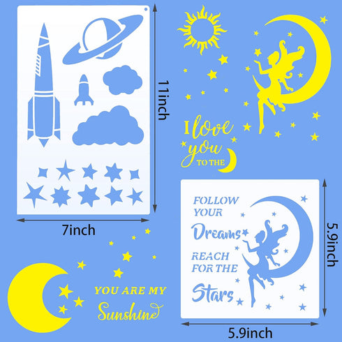 12 Pieces Moon and Star Stencil Clouds Stencil Reusable Star Template Planet Plastic Stencil Template Star for Painting on Wood Wall Notebook Card...