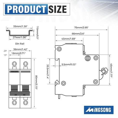 AC Solar Panels Disconnect Switch 40 Amp DC Solar Shut Off Switch 12V-400V 2 Poles Small Miniature Circuit Breaker for Solar PV Homes, DC 110V DIN...