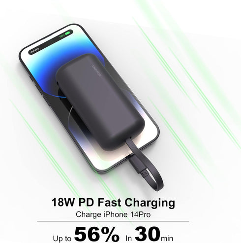Small Power Bank Built-in Cord,10000mAh Ultra Compact Portable Charger 18W PD Fast Charging Battery Pack with LED Display Compatible with iPhone 1...