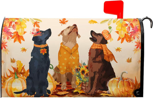 Fall Dog Mailbox Covers Magnetic Standard Size 18"" X 21"",Orange Pumpkin Autumn Maple Leaf Mailbox Wraps Post Letter Box Cover for Holiday Garden...