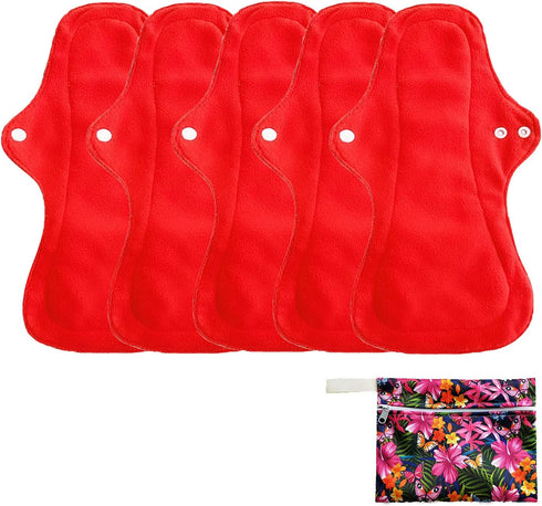 6Pcs Resuable Waterproof Menstrual Pad Sets Including 1Pc Mini Wet Bag and 5Pcs Heavy Flow Red Color Microfleece Stay Dry Menstrual Pads Mama Clot...
