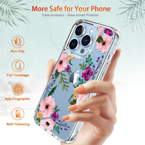 GiiKa for iPhone 13 Pro Case with Screen Protector, 6.1 inch Clear Full Body Shockproof Protective Floral Girls Women Hard Case with TPU Bumper Co...