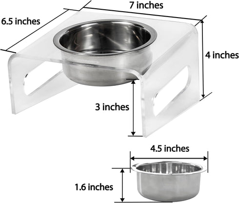 Tilted Raised Elevated Food and Water Bowls Stand for Cat or Small Dogs - Puppy's Clear Acrylic Stainless Steel Dishes Holder for Boy or Girl Pet,...