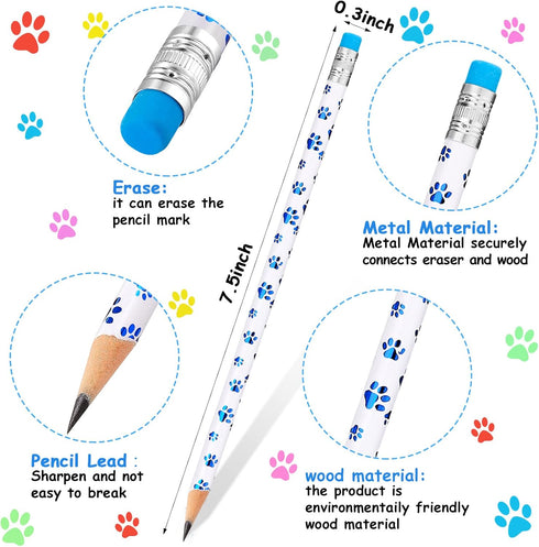 Chinco Paw Print Pencils Dog Paw Pencils Wooden Writing Novelty Pencils with Erasers for Kids Doggy Party Favors Welcome Back to School Party Supp...