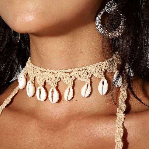 Boho Cowrie Shell Choker Necklace Khaki Handmade Adjustable Rope Necklaces Beach Seashell Chain for Women...