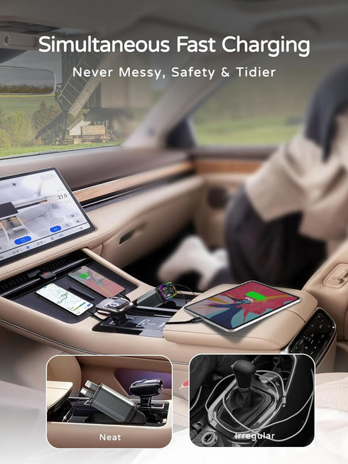 4-in-1 Retractable Car Charger - 90W Fast Car Phone Charger with Dual Retractable Cables (USB-C & iOS) and USB Ports, Compatible with iPhone 15/14...