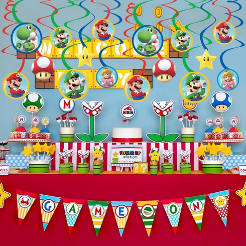 Swirl Hanging Decorations - 5" & 7" (Pack of 12) - Perfect for Themed Parties & Events, Super Mario Brothers...