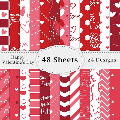48 Sheets Valentine Craft Paper 12 X 12 Scrapbooking Paper, Red Valentine's Day Pattern Paper Bulk 24 Styles Pink Heart Decorative Craft Paper DIY...