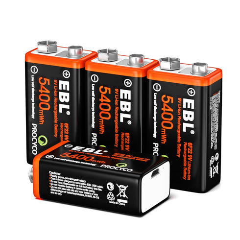 EBL Rechargeable 9V Batteries, 5400mWh USB 9V Lithium Rechargeable Battery (9V Batteries- 4 Pack)...