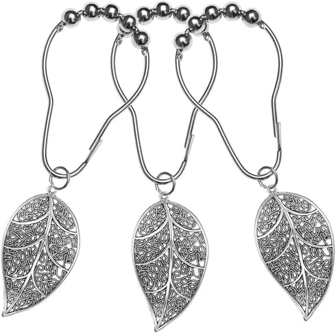 CHICTIE Silver Shower Curtain Rings Hooks,Chrome Leaves Decorative Shower Curtain Hooks,Set of 12 Stainless Steel Metal Rust-Proof Shower Rings fo...