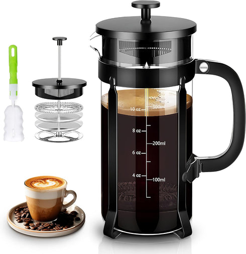 French Press Coffee Maker 304 Stainless Steel Coffee Press,with 4 Filters System, Heat Resistant Thickness Borosilicate French Press Glass, BPA-Fr...