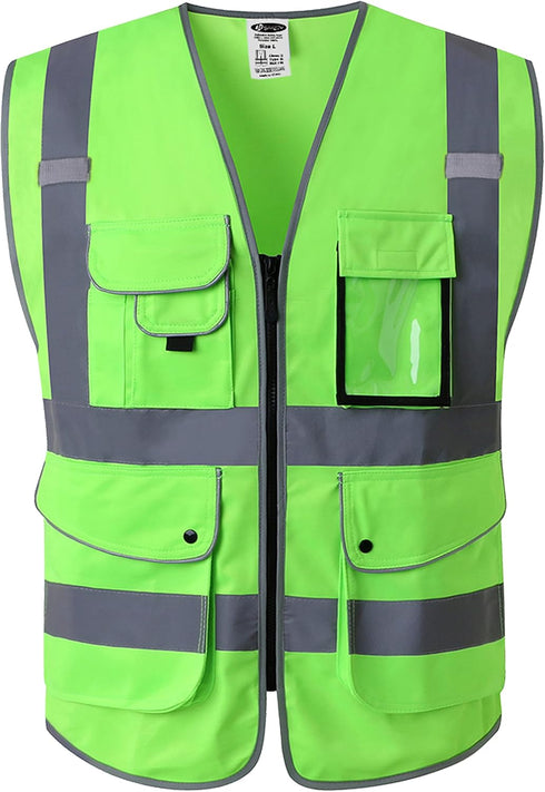 JKSafety 9 Pockets Class 2 High Visibility Zipper Front Safety Vest With Reflective Strips, Meets ANSI/ISEA Standards (150-Green, 4X-Large)...
