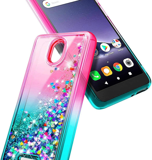 NZND Case for Wiko Ride 2 (U520AS) with Tempered Glass Screen Protector (Full Coverage), Glitter Liquid Floating Waterfall Girls Cute Phone Case C...