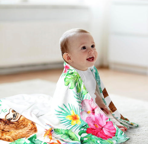 Watercolor Flowers Jungle Baby Sloth Monthly Milestone Blanket - Soft Fleece Blanket for Baby Girls - Perfect Age Photo Props and Newborn Baby Gif...