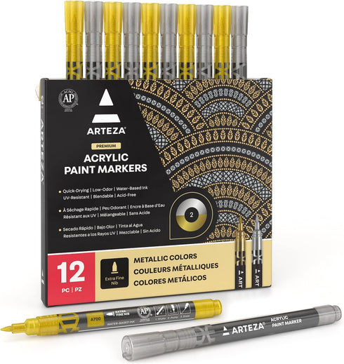 ARTEZA Acrylic Paint Markers, Set of 12 Metallic Marker Pens, 6 Gold and 6 Silver, Extra-Fine Nibs, 15mm, Blendable, for Stone, Glass, Wood, Ceram...