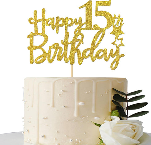 Gold Glitter Happy 15th Birthday Cake Topper - 15 Sign Cake Topper - Cheers to 15 Years Party Supplies - 15th Birthday Party Decoration...