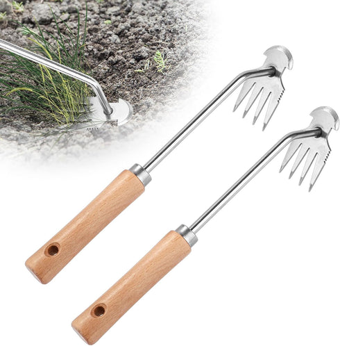 2pcs Upgrade Grass Puller Tool, Portable Multi-Purpose Manual Tool 4-Teeth with Wooden Handle, for Gardening Farm Yard Backyard...