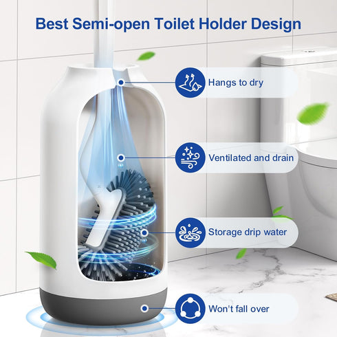 HAMITOR Toilet Bowl Brush Holder Set: Deep Cleaning Silicone Toilet Cleaner Scrubber Under Rim with Curved Bristle for Bathroom Dead Corner Clean ...