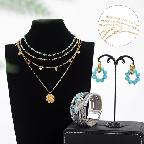 3 Pcs Western Jewelry for Women Bohemian Set, Gold Layered Necklace for Women, Faux Leather Layered Bracelet, Turquoise Beaded Huggie Hoop Earring...