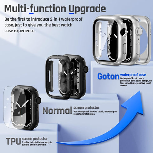 Goton 2 in 1 Waterproof Case for Apple Watch Series 9 8 7 Screen Protector 45mm, 360 Protective Glass Face Cover Hard PC Bumper + Back Frame for i...