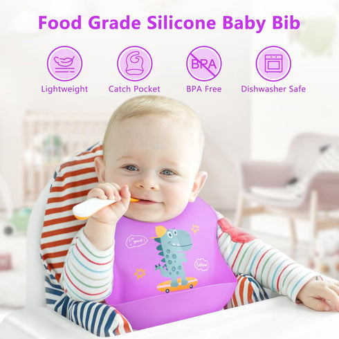 NPET 3PCS Silicone Baby Bibs for Babies & Toddlers, Waterproof Baby Bibs for Eating BPA Free Toddler Bibs 1-3 Years Soft Adjustable Fit Cute Dinos...