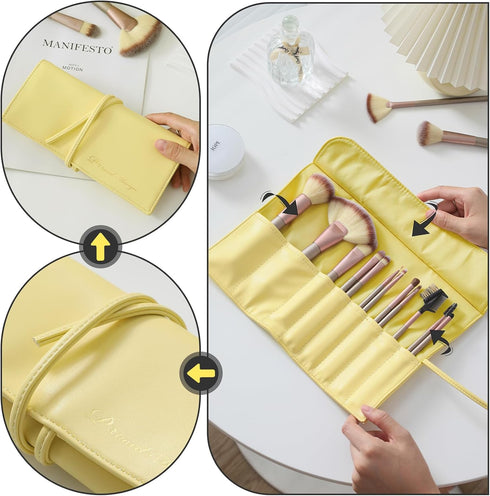 Makeup Brush Bag, Travel Makeup Brush Pouch, Roll Up Portable Cosmetic Organizer, PU Leather Make up Brush Case, Brushes Not Included...