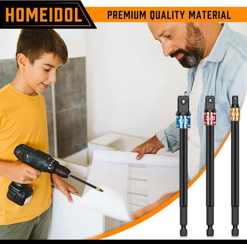 3-Piece 6-Inch Hex Shank Impact Grade Power Socket Adapter Set - Turns Impact Drill Driver into High Speed Socket Driver Extension Bit - 1/4-Inch,...