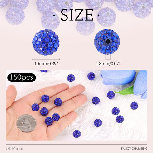 150pcs 10mm Rhinestone Beads for Crafting, Dark Blue Shiny Round Shamballa Disco Ball Beads Bulk, Fancy Sparkle Crystal Clay Bead for Necklace Bra...