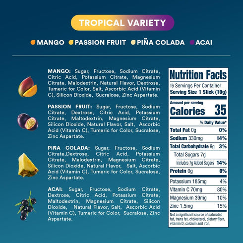 DripDrop Hydration - Tropical Variety Pack - Electrolyte Drink Mix Single Serve Hydration Powder Packets - Mango, Açaí, Passion Fruit, Pineapple C...