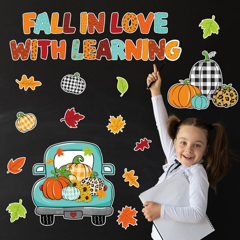 69Pcs Fall Classroom Bulletin Board Decorations Blue Truck Pumpkin Maple Leaves Cutouts for Autumn Thanksgiving Home School Wall Chalkboard Decor...