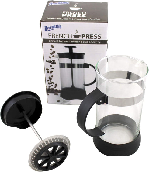 Dependable Industries inc. Essentials 12 Ounce Glass French Press Coffee & Tea Brewer - Single Cup, 3 Cup Espresso Compact, Durable, Easy to Use...